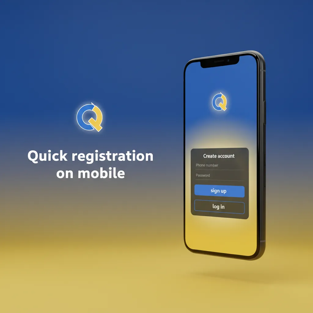 Phone screen showing quick sign-up: verify contact, set currency, enable 2FA, then access sports, casino, and bonuses.