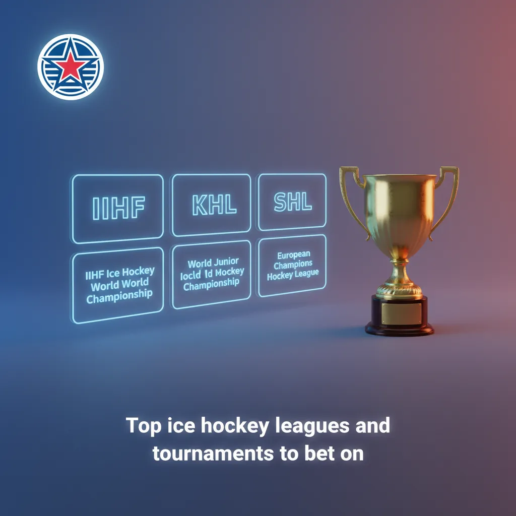 Graphic showing top ice hockey leagues to bet on: NHL, KHL, SHL, Liiga, National League, DEL, IIHF Worlds, CHL, with odds.