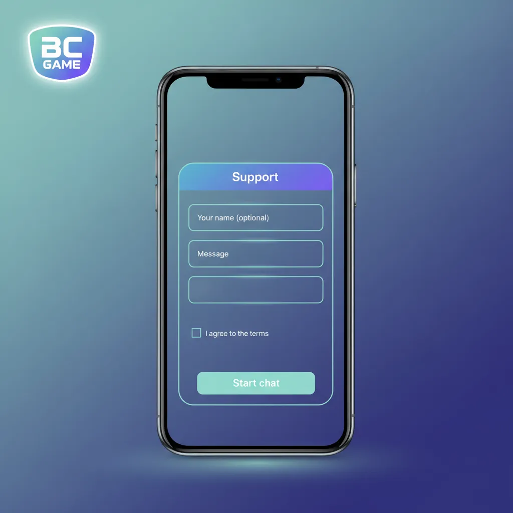 BC Game iOS support screen with 24/7 live chat, support email, Help Centre FAQs, and responsible gaming tools.