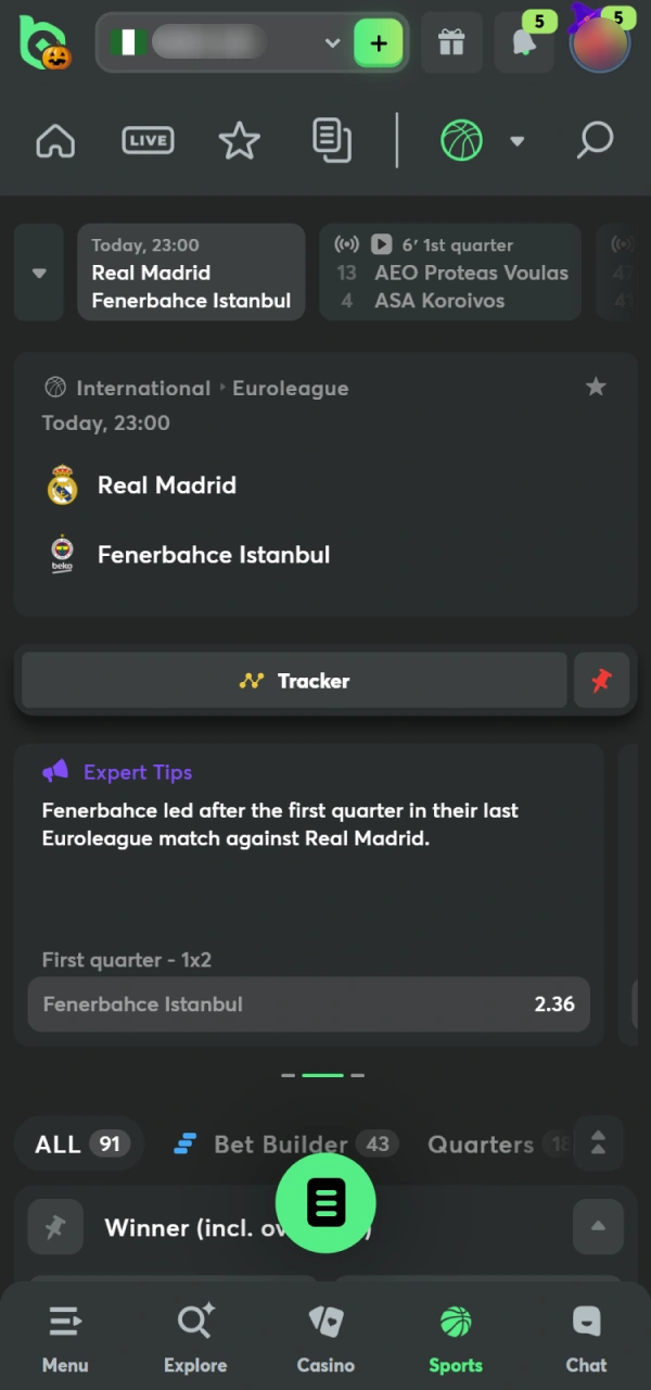 Choose sport and tournament in the BC Game sport section.
