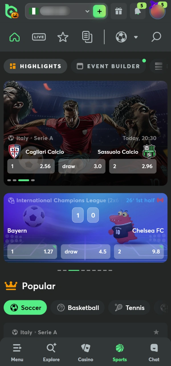 Browse BC Game Nigeria sports categories for betting options.