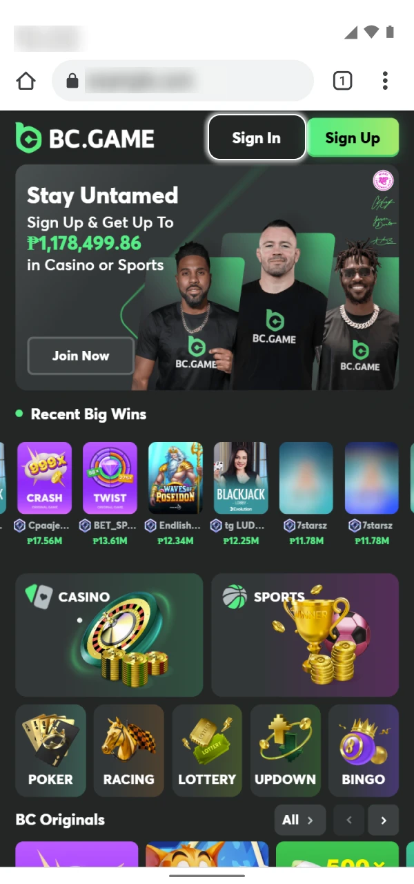 Click login button on the top of BC Game page.