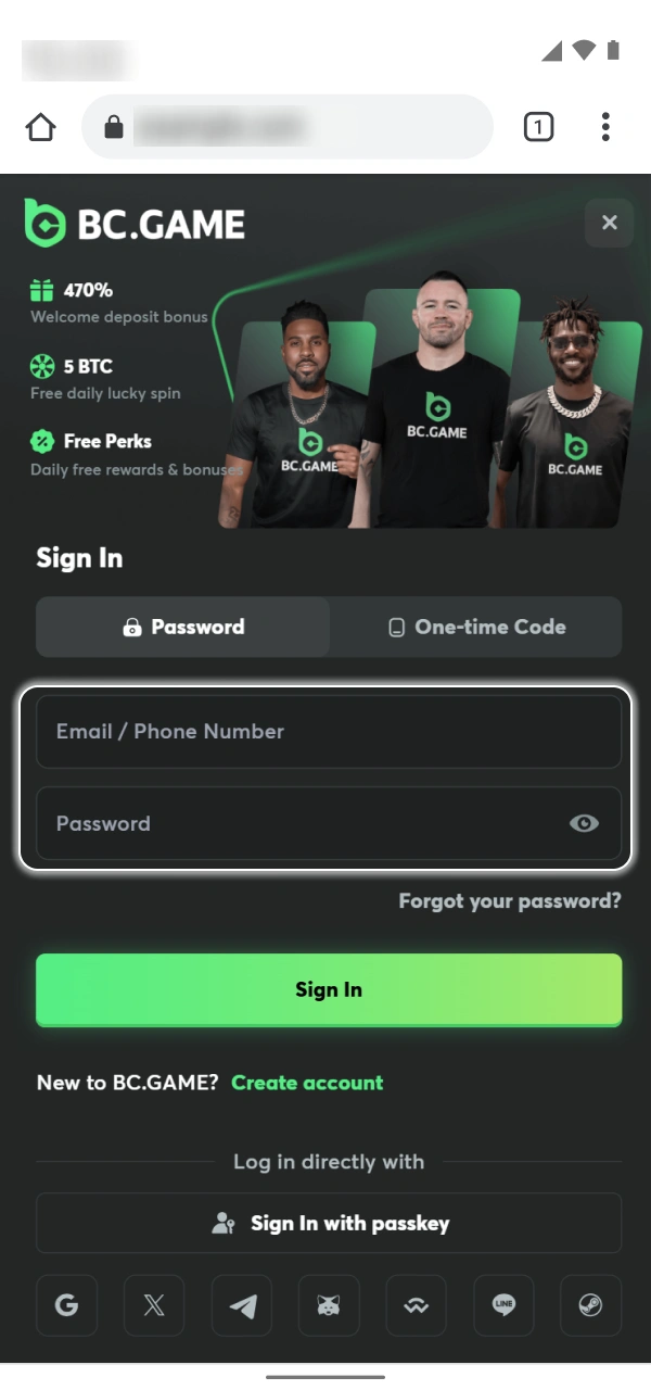 Enter your registered login information for BC Game official website.