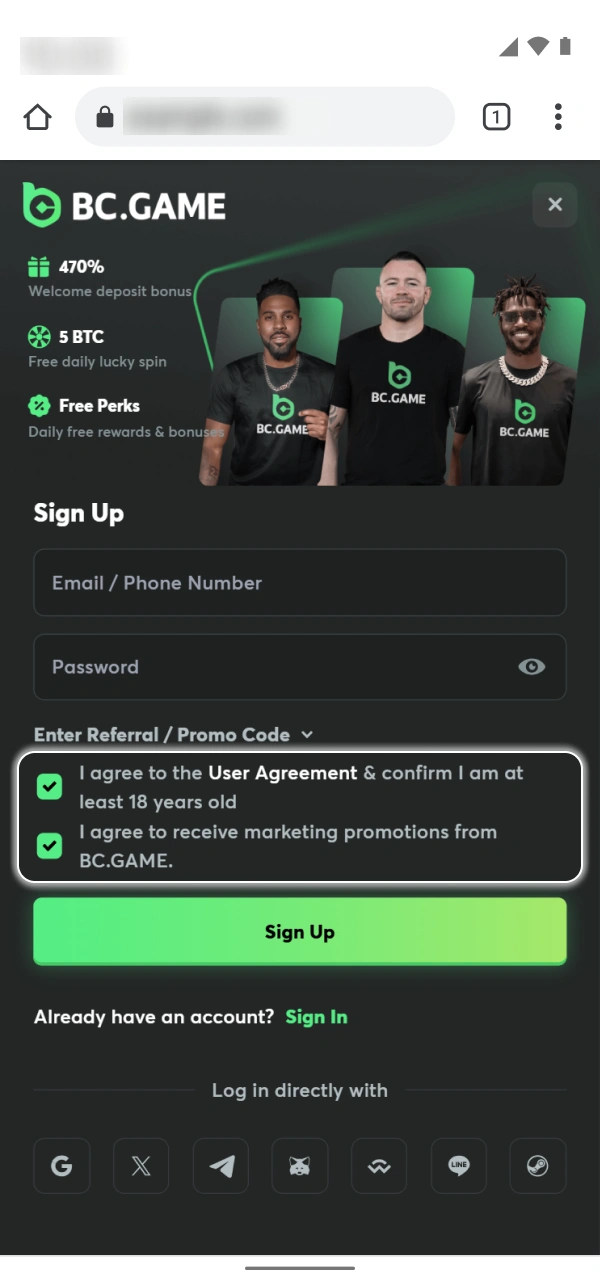 Agree to BC Game Nigeria terms and conditions to register.