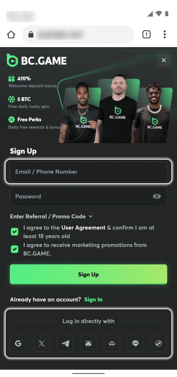 Choose your registration method at BC Game Nigeria official.