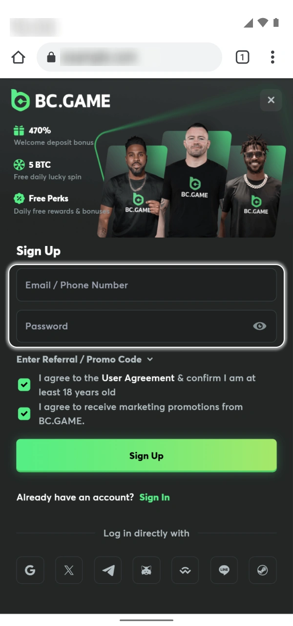 Input details and set your password on BC Game Nigeria.