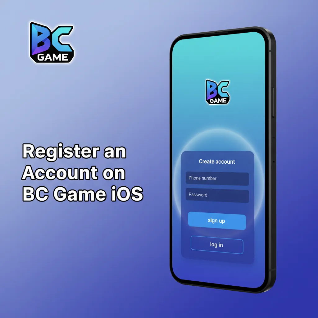 BC Game iOS Sign Up screen showing steps: choose email/phone/social, enter details, confirm 18+, tap Create Account.