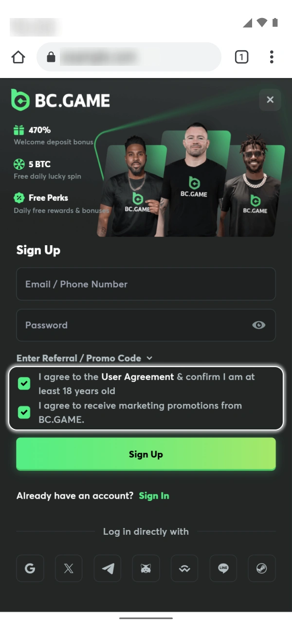 Accept BC Game Nigeria terms to finalize your registration process.