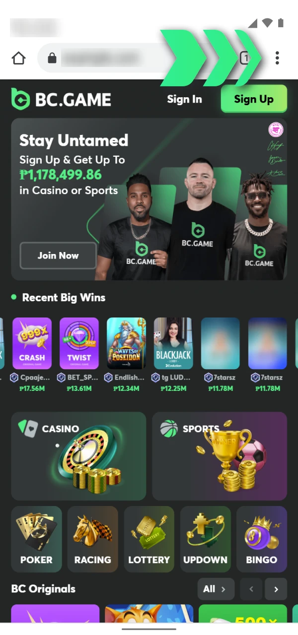 Find the BC Game Nigeria Android PWA install option.