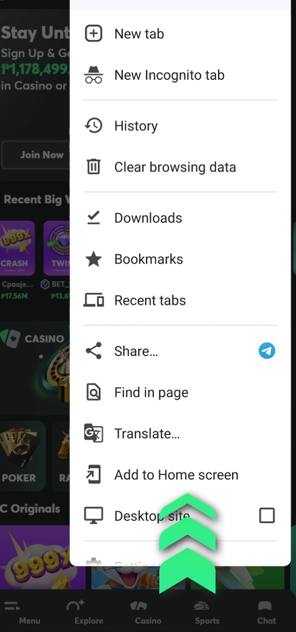 Select Add to Home Screen for BC Game Android access.