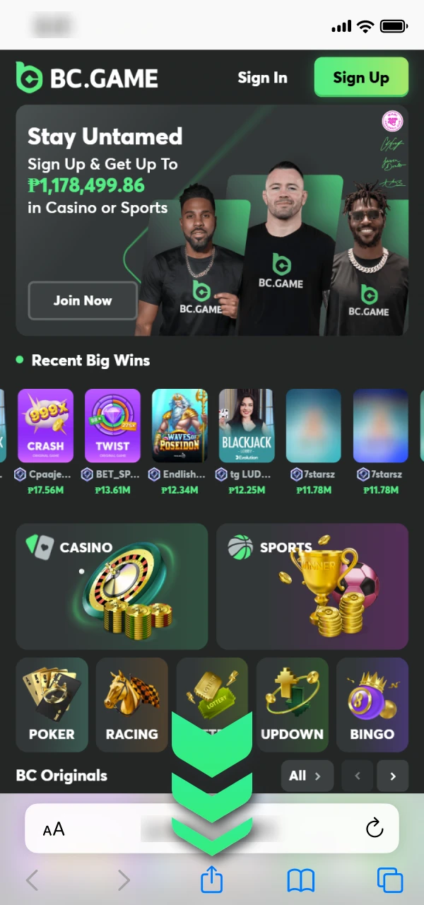 Tap the Safari Share icon for BC Game iOS PWA.