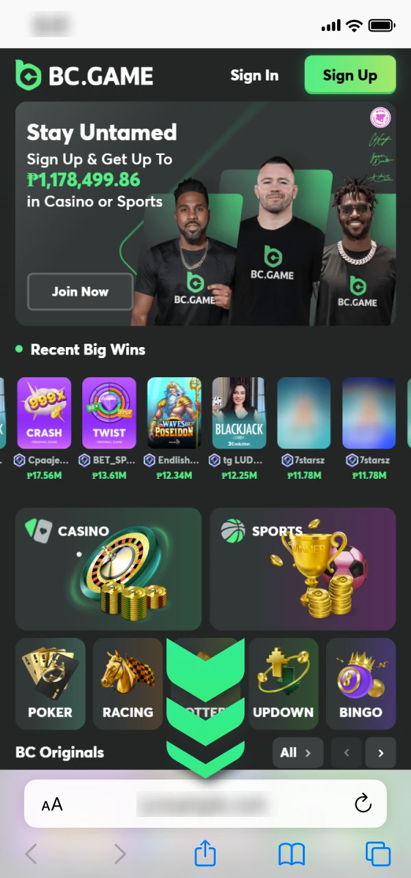 Start BC Game Nigeria PWA installation by visiting the website.