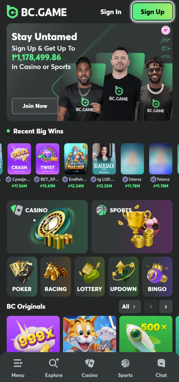 Start your online registration on the BC Game app homepage.