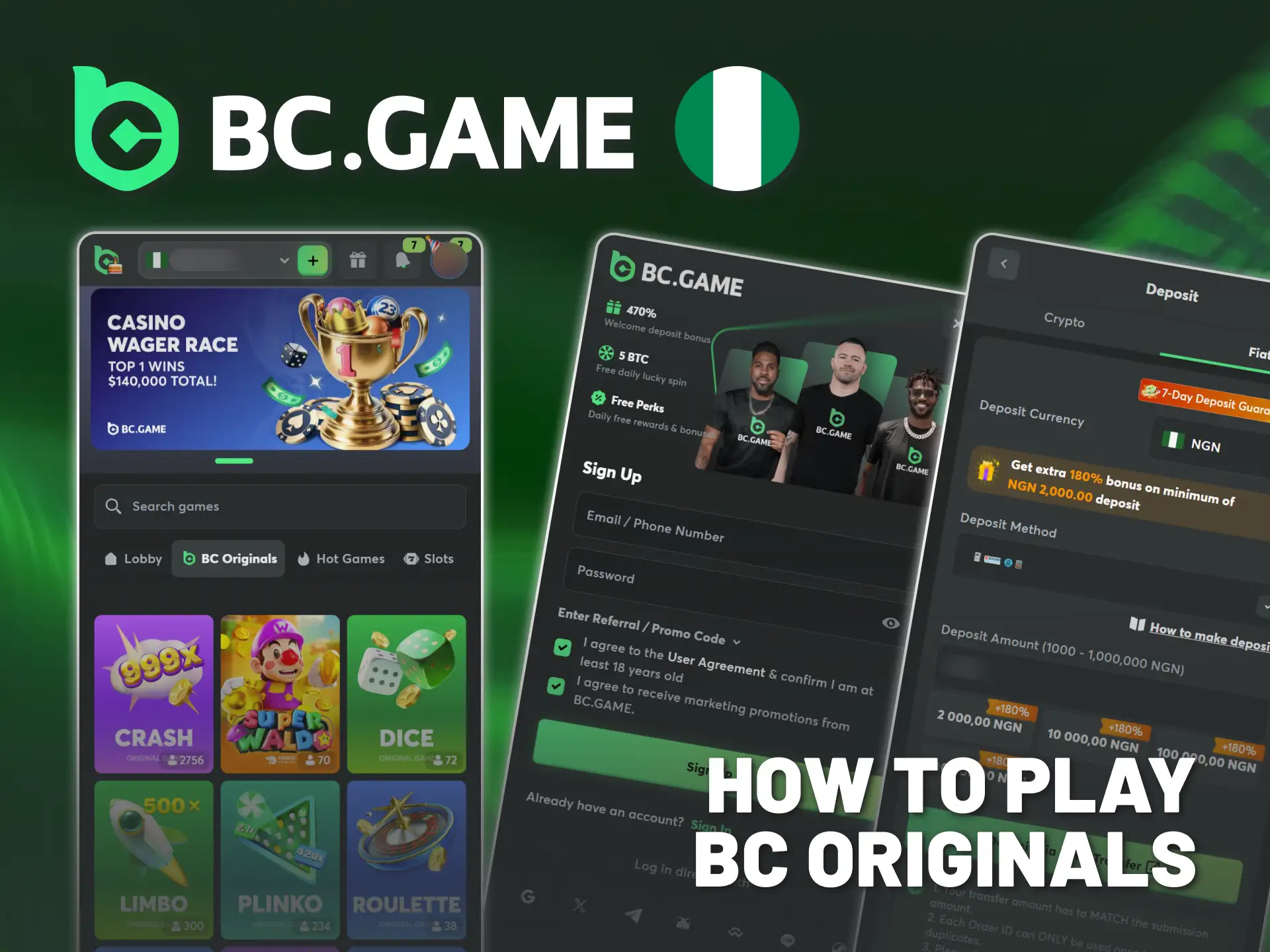 Get started with BC Game Nigeria Originals online.