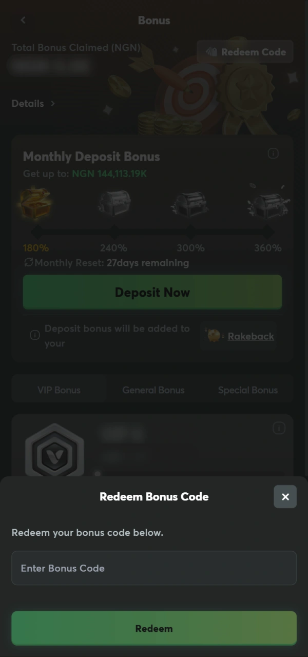 Enter promo code for BC Game Nigeria casino bonus eligibility.