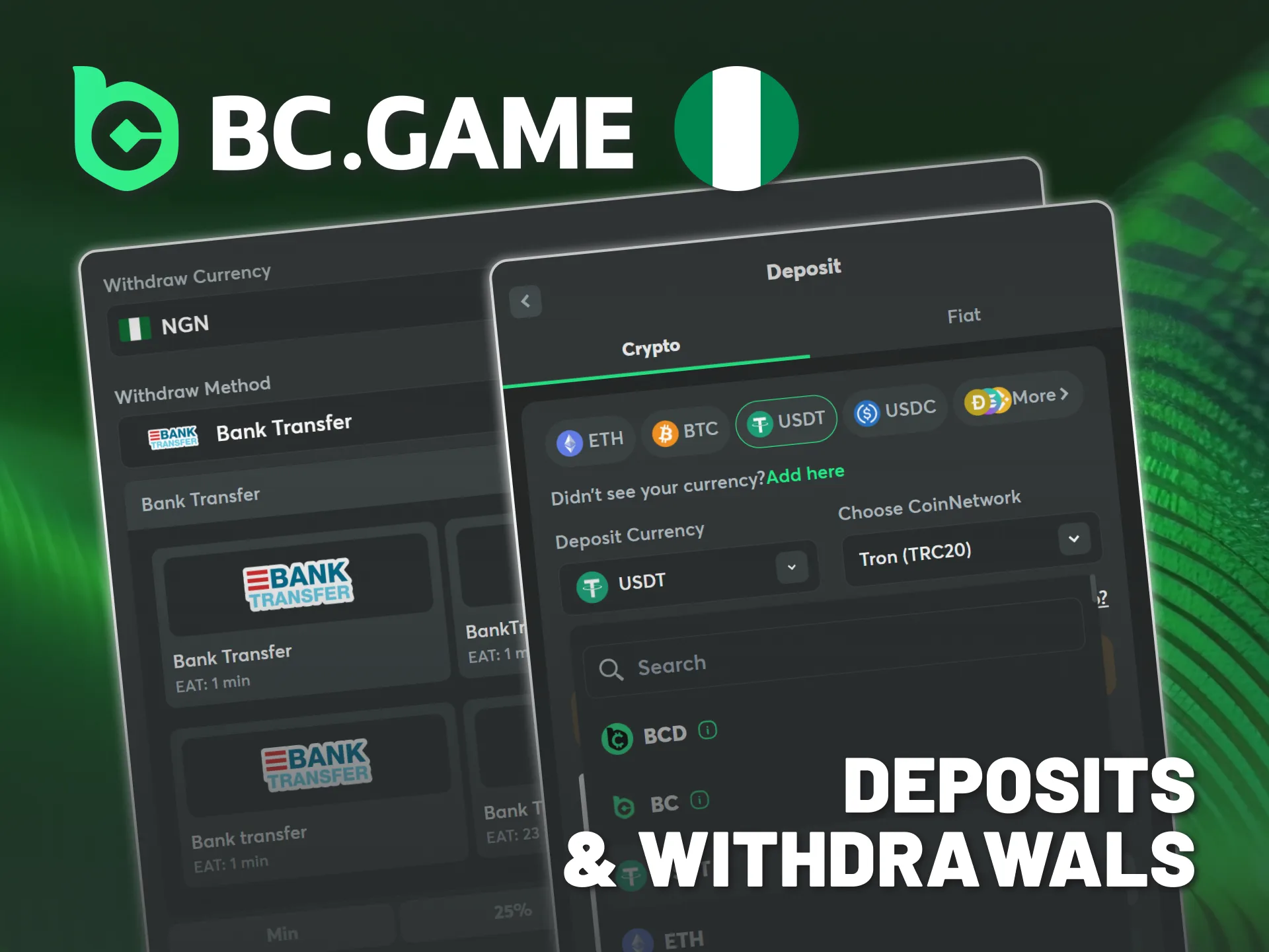 Enjoy flexible BC Game Nigeria casino transactions supporting different methods.
