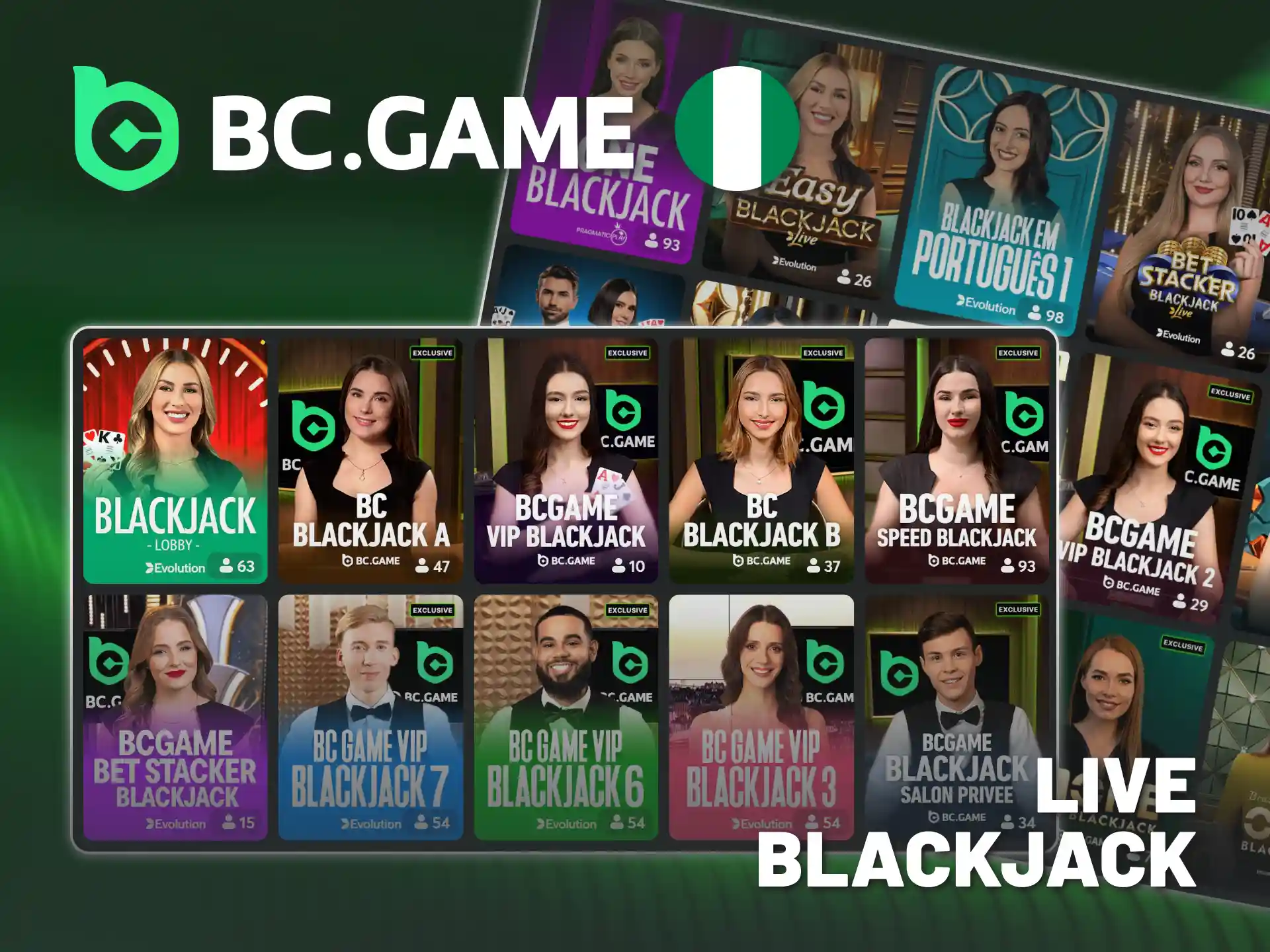 Play BC Game's live blackjack with various online bet limits.