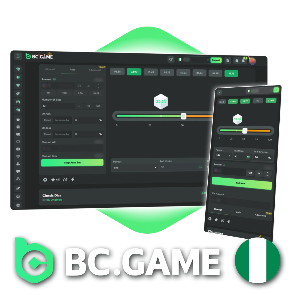 Predict Classic Dice's roll outcomes on BC Game Nigeria website.