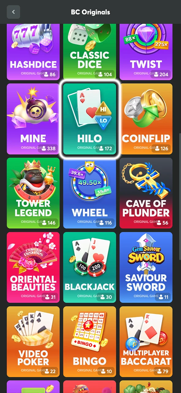 Start the game to learn how to play Hilo and predict the next card at BC Game.