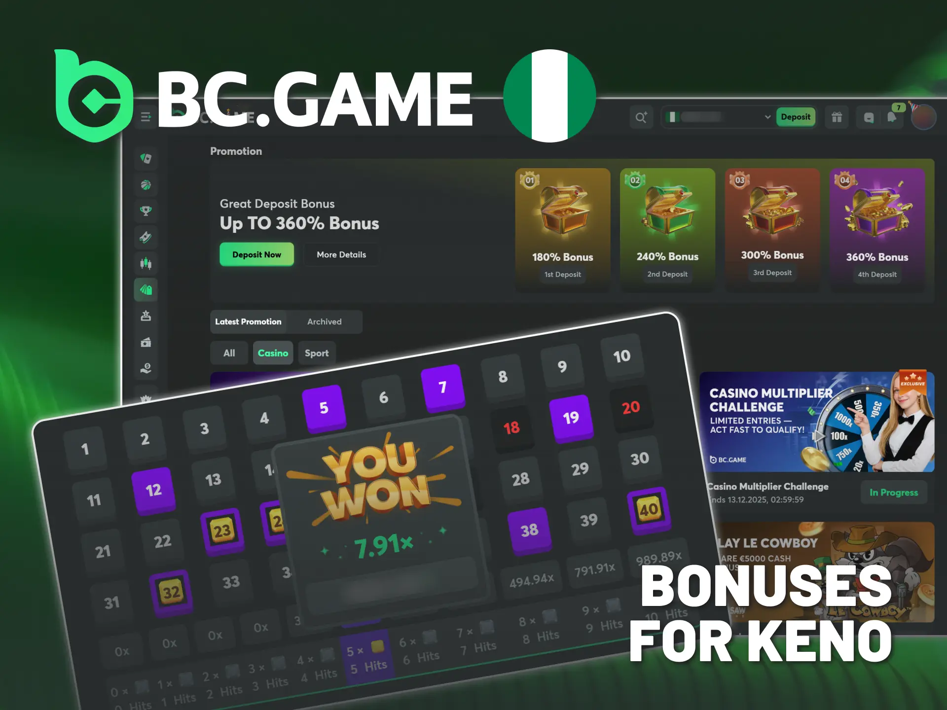Apply BC Game Nigeria casino bonuses to play original Keno.