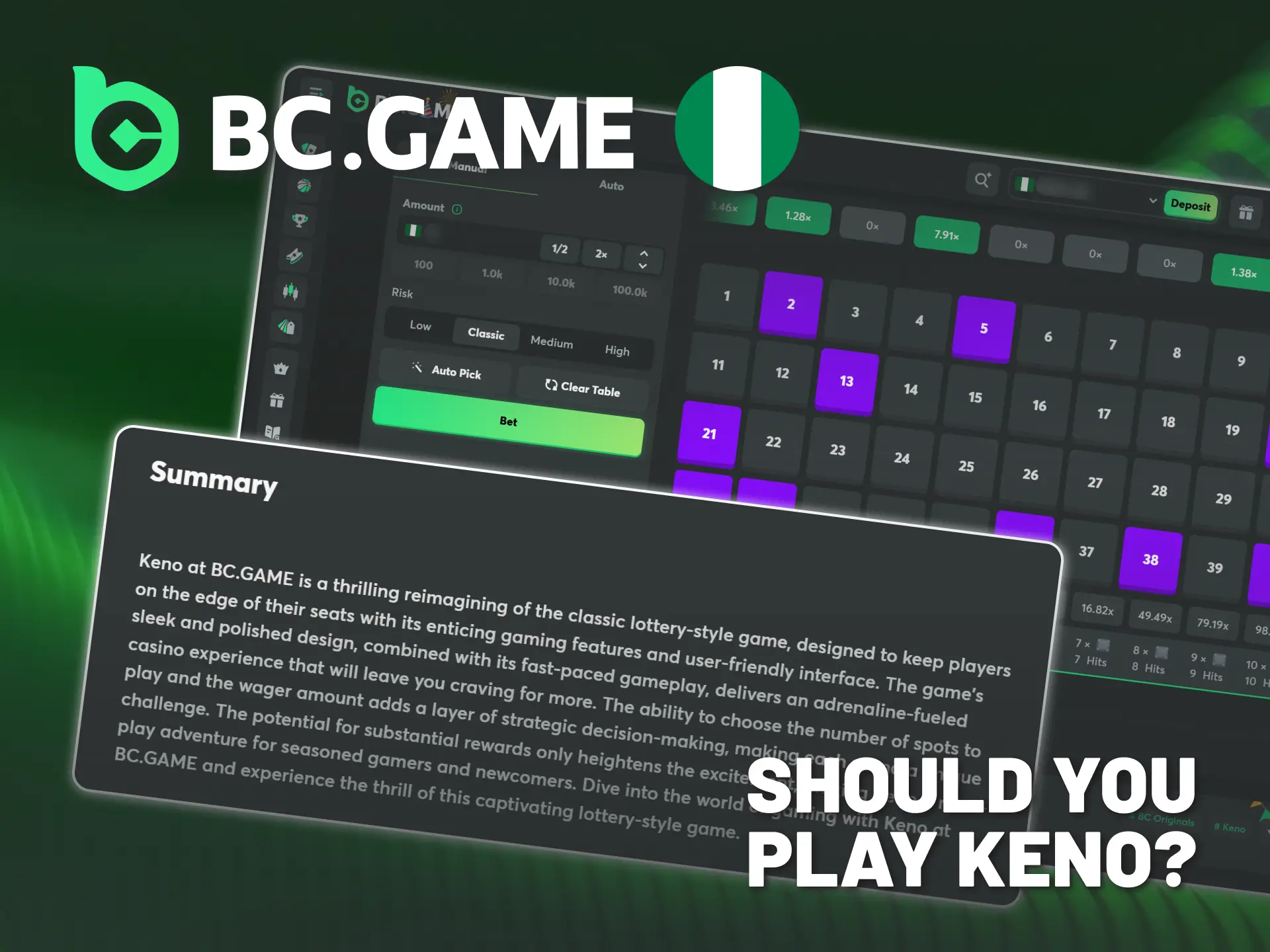 Keno is an excellent choice for rewarding BC Game play.