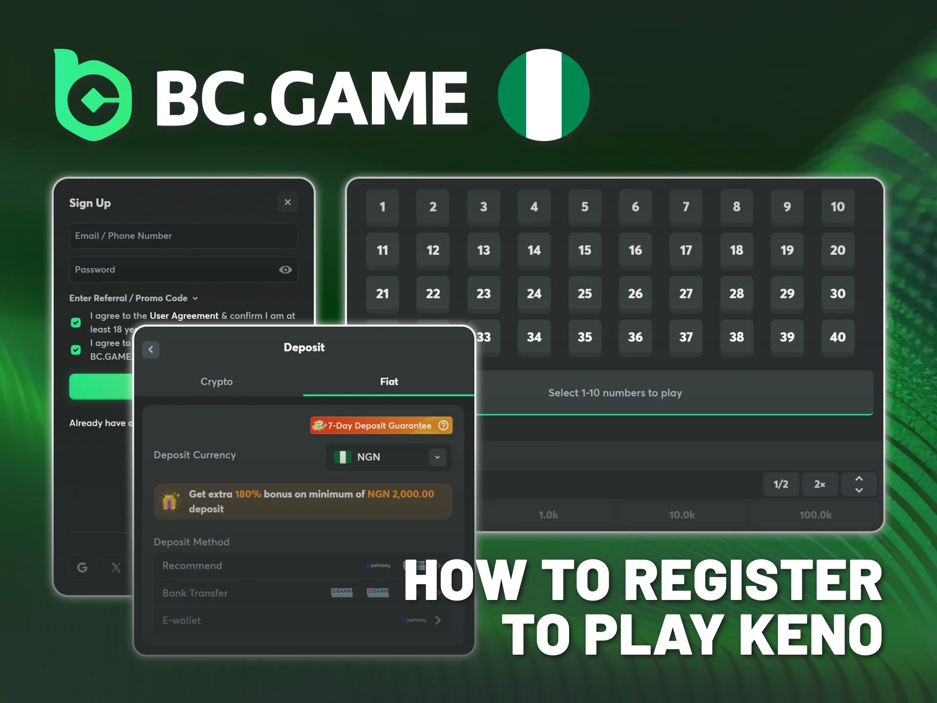 Register and deposit before playing BC Game Nigeria Keno.