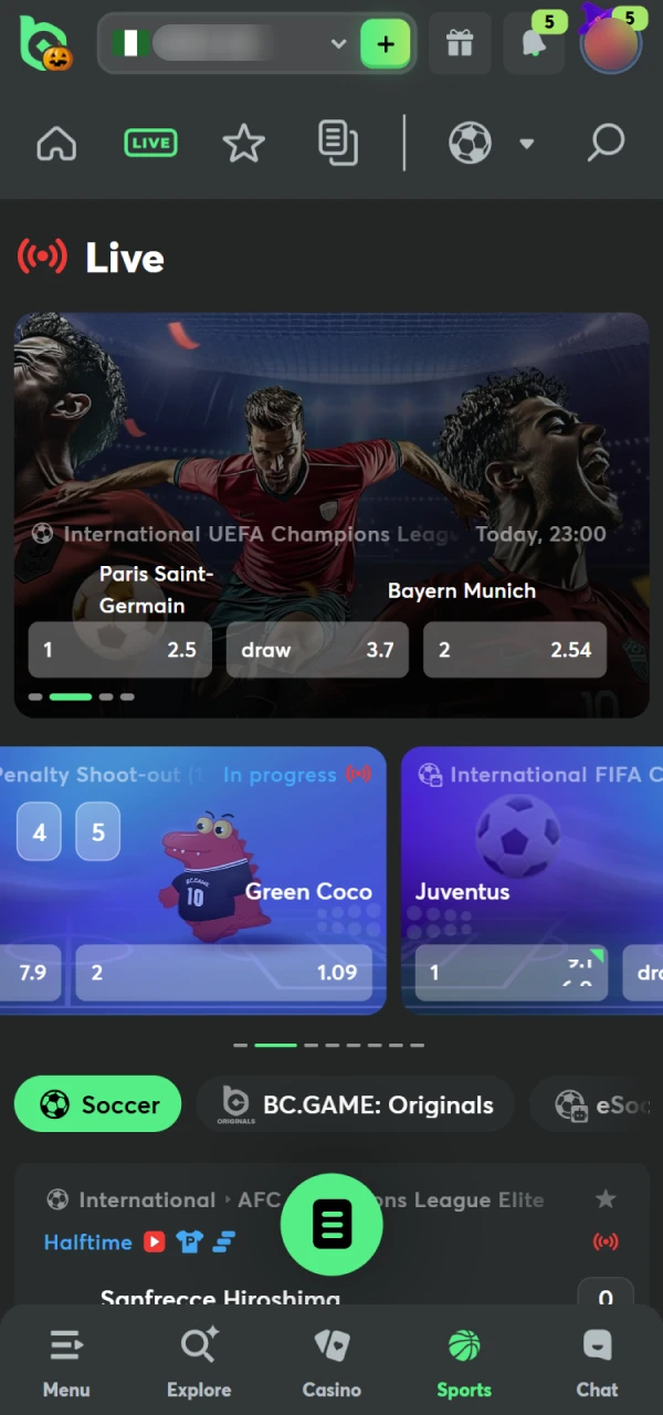 Go to Sports then live betting on BC Game Nigeria.