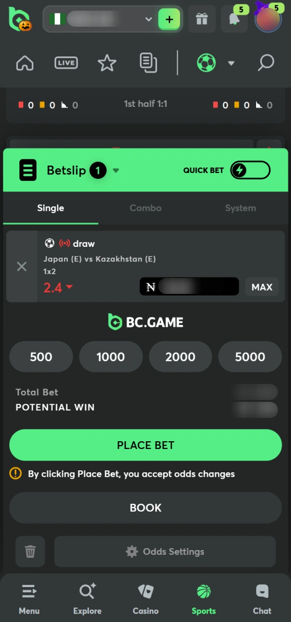 Confirm your live sport bet at BC Game Nigeria official.
