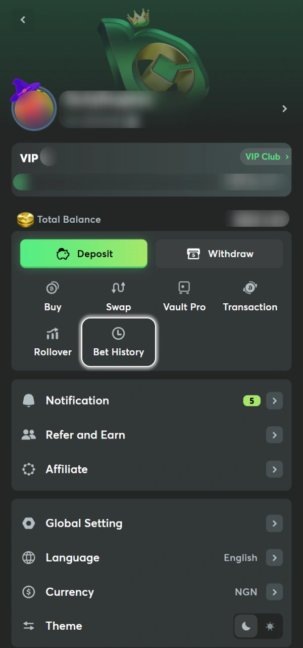 Monitor BC Game Nigeria sport bet status in Bet History.