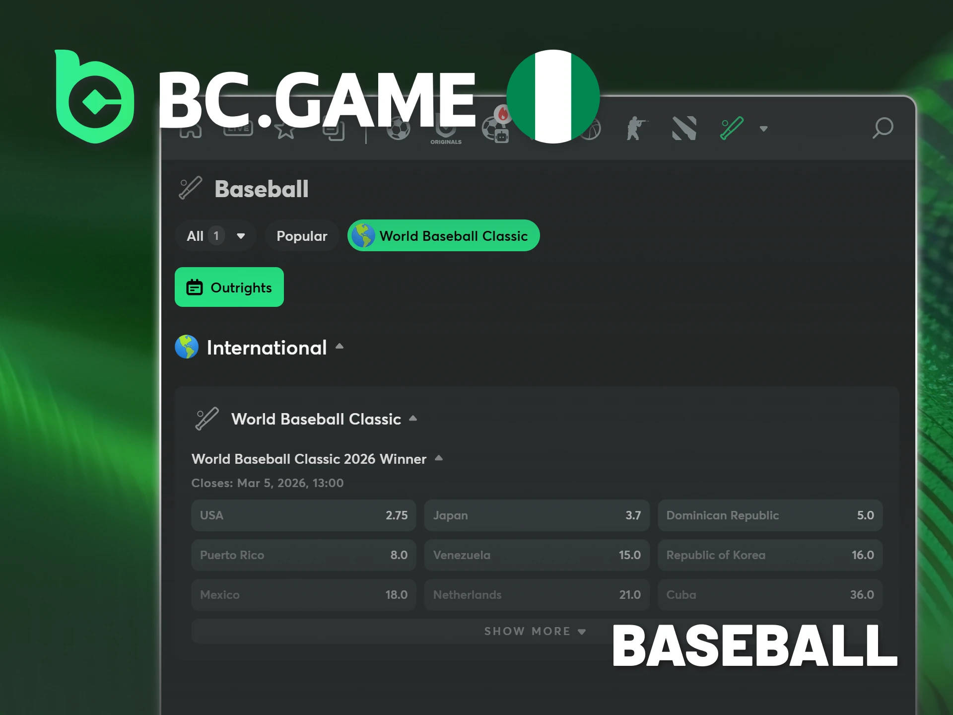 Enjoy live betting markets for baseball on BC Game Nigeria.