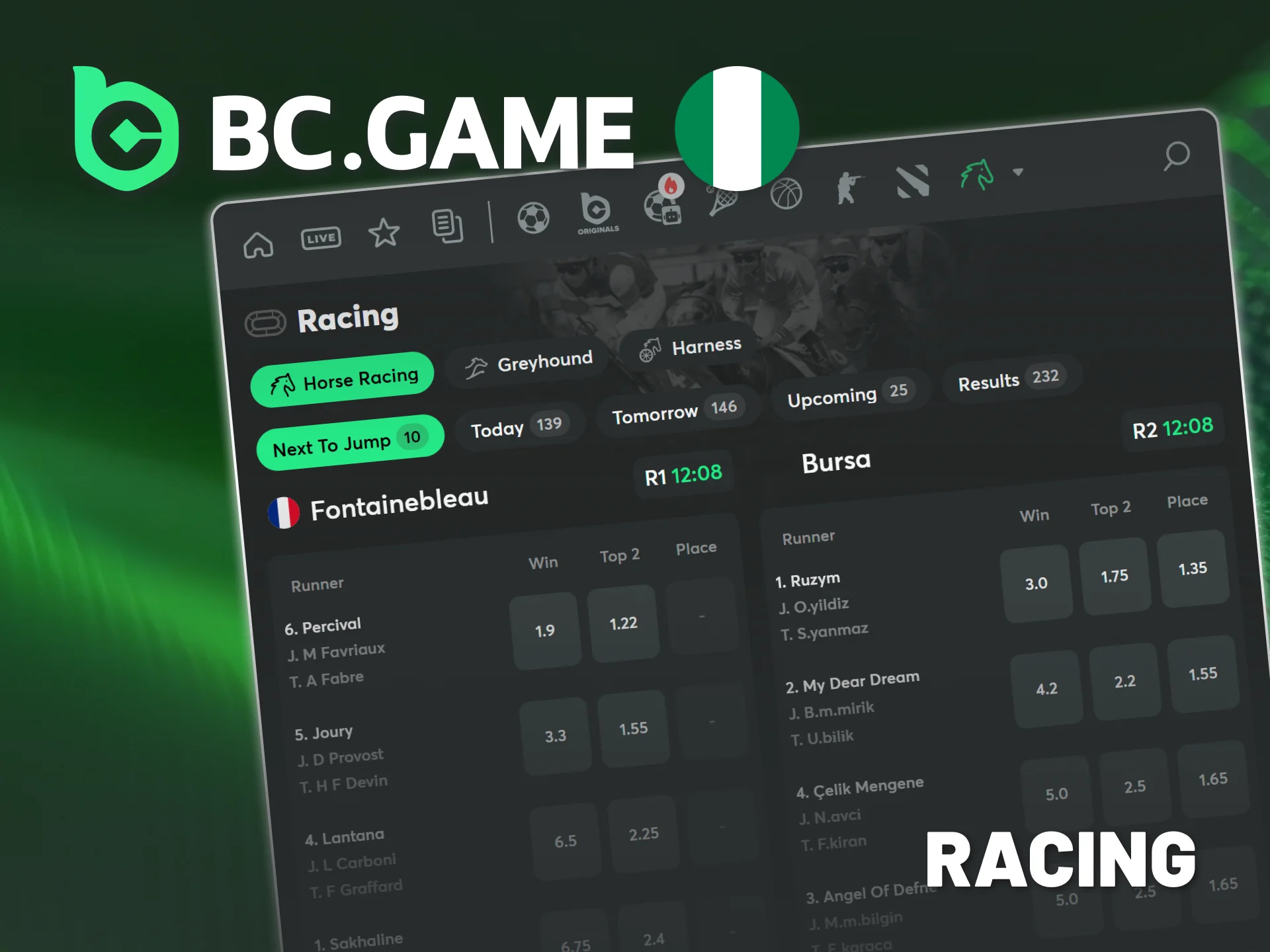 Place dynamic live racing bets on BC Game Nigeria platform.
