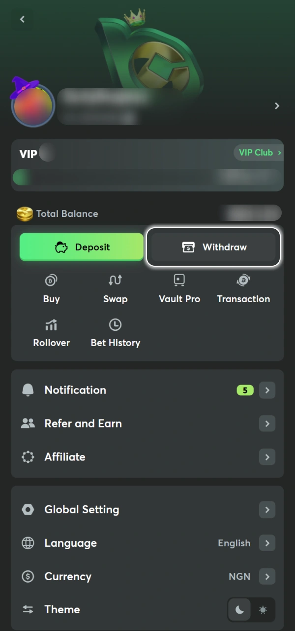 Open the withdrawal menu in your BC Game Nigeria account.