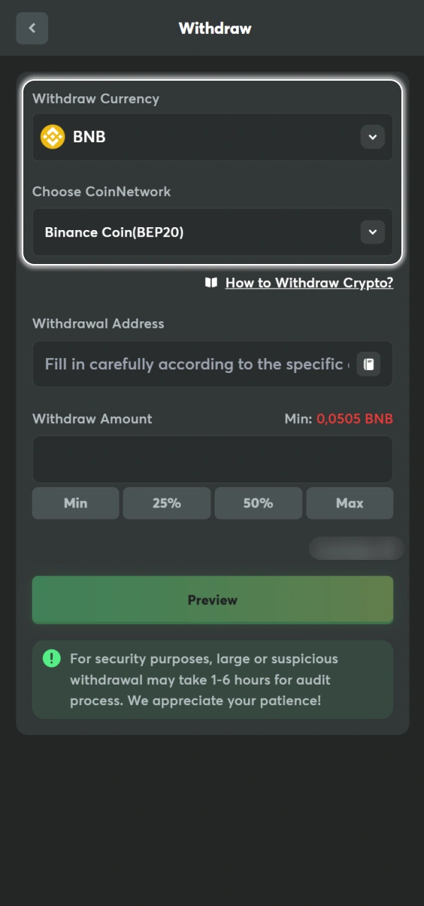 Select your preferred withdrawal option on BC Game Nigeria.