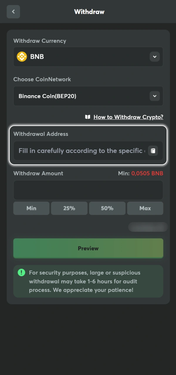 Enter withdrawal address and check network on BC Game Nigeria.