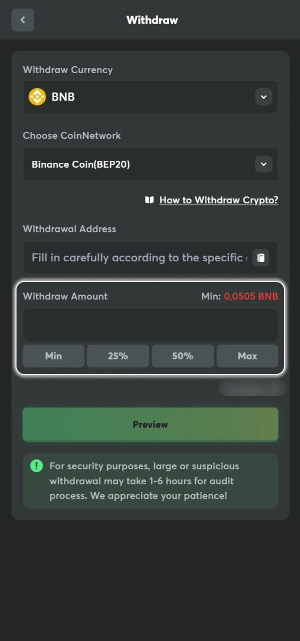 Input your desired withdrawal amount on the BC Game platform.