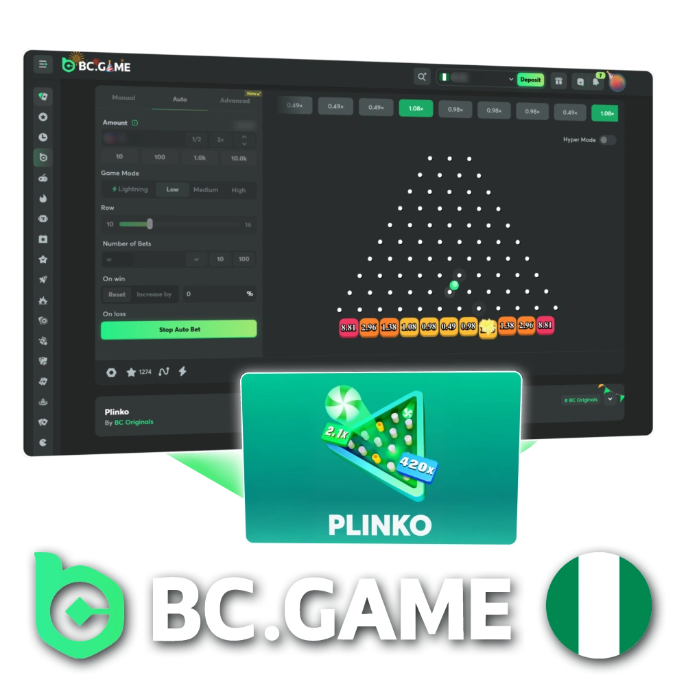 Play original slot game Plinko at BC Game Nigeria casino.