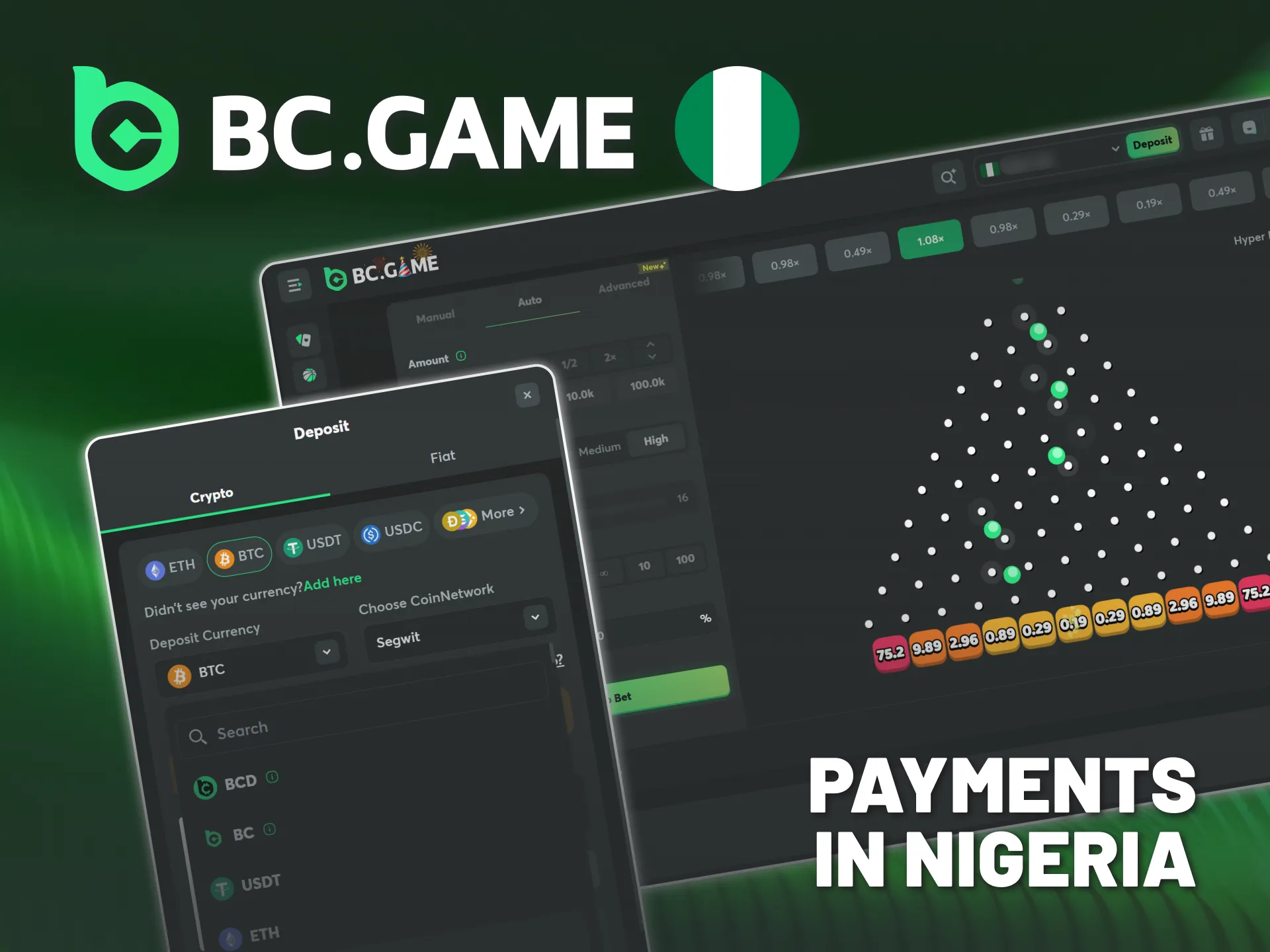 Convert Naira to crypto for playing BC Game Nigeria Plinko.