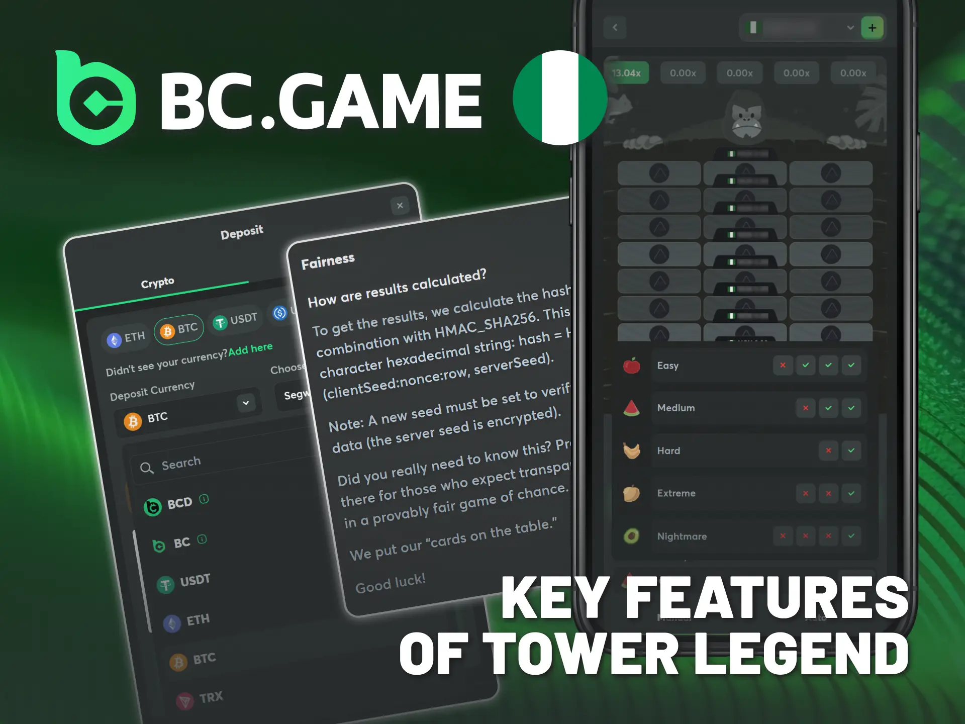 Explore key featurs of BC Game's Tower Legend in Nigeria.