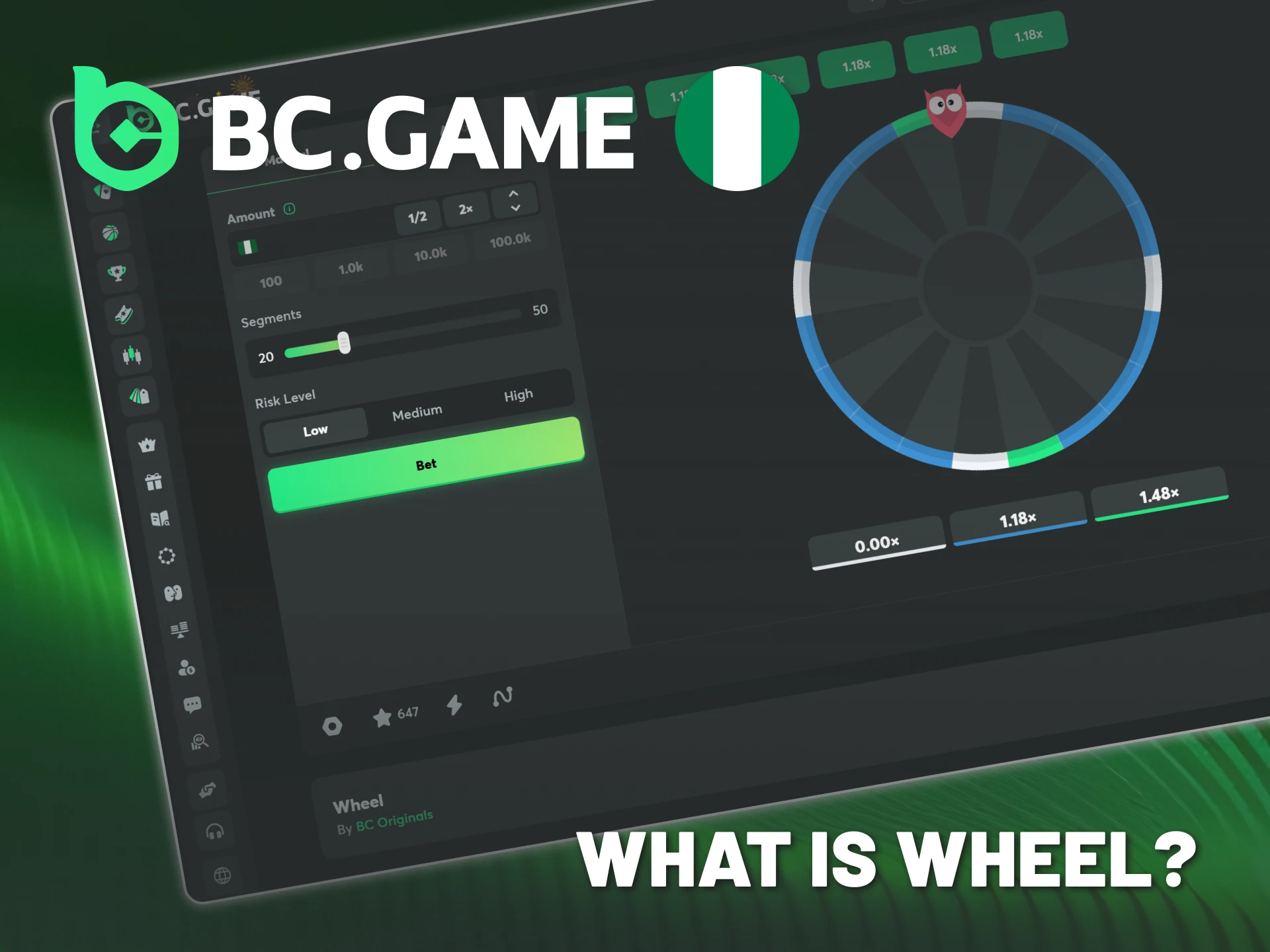 Play BC Game Nigeria Wheel and wager on multiplier segments.