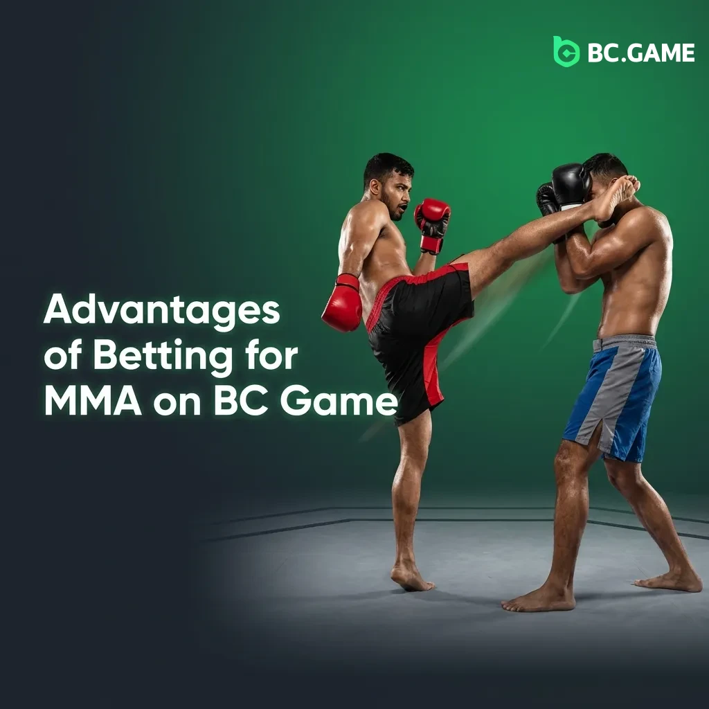 MMA fighter in octagon with BC Game betting interface showing live odds and cryptocurrency payment options