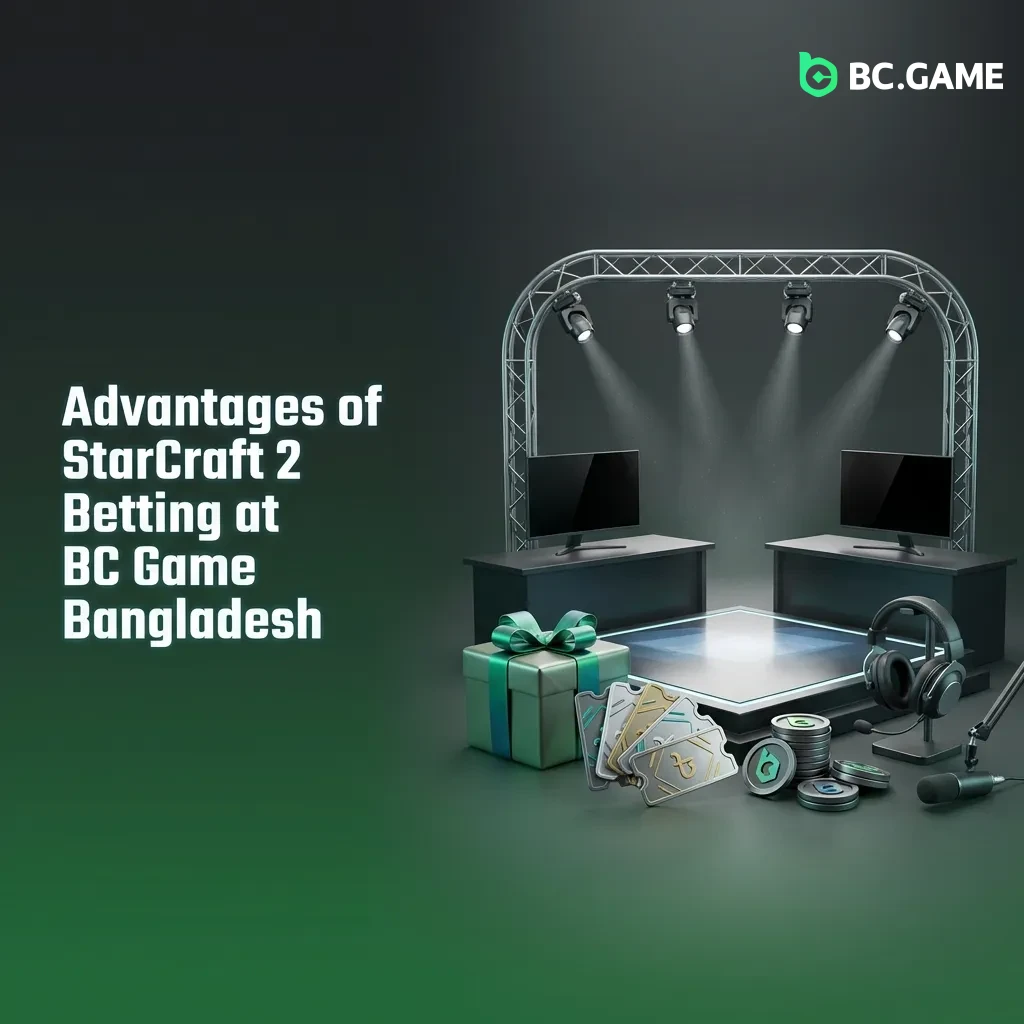 BC Game Bangladesh platform showing StarCraft 2 betting features including bonuses, local payments, and mobile app interface