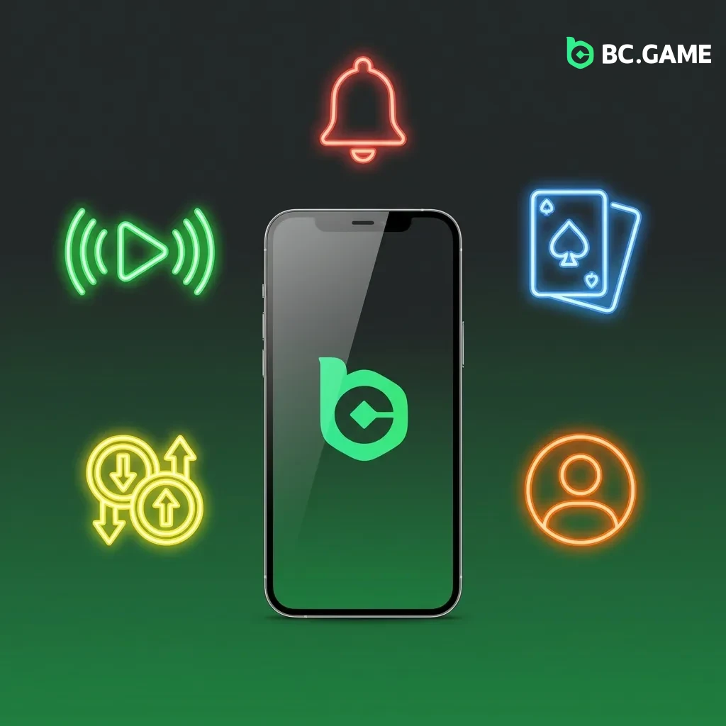 BC Game app interface showing live betting, casino games, deposits, withdrawals, and account management features