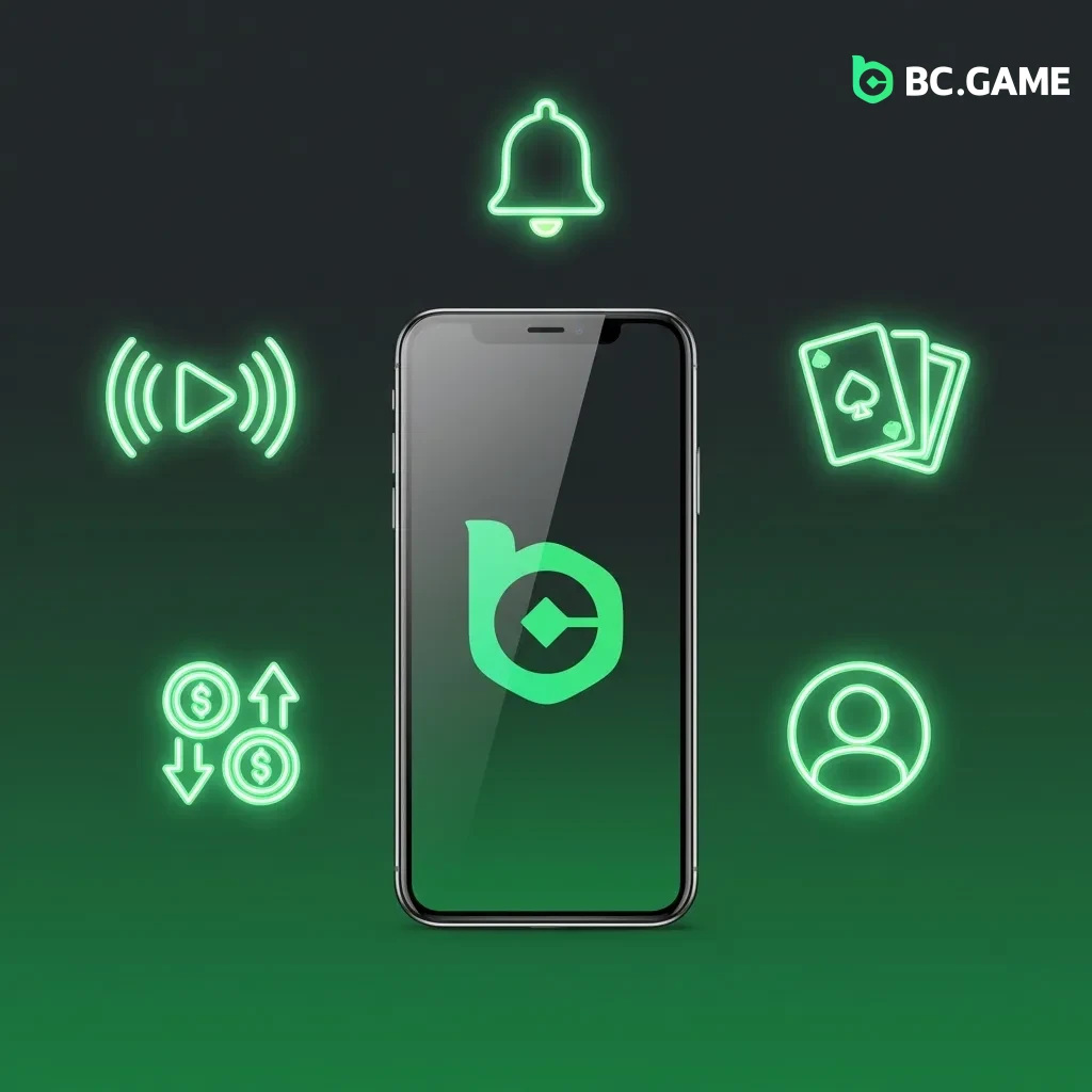 BC Game app interface showing live betting, casino games, deposits, withdrawals, and notification features on mobile