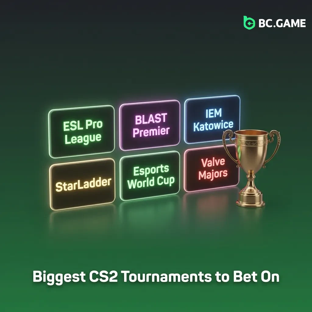 Top CS2 esports tournaments including ESL Pro League, BLAST Premier, IEM Katowice, and Valve Majors with global competition