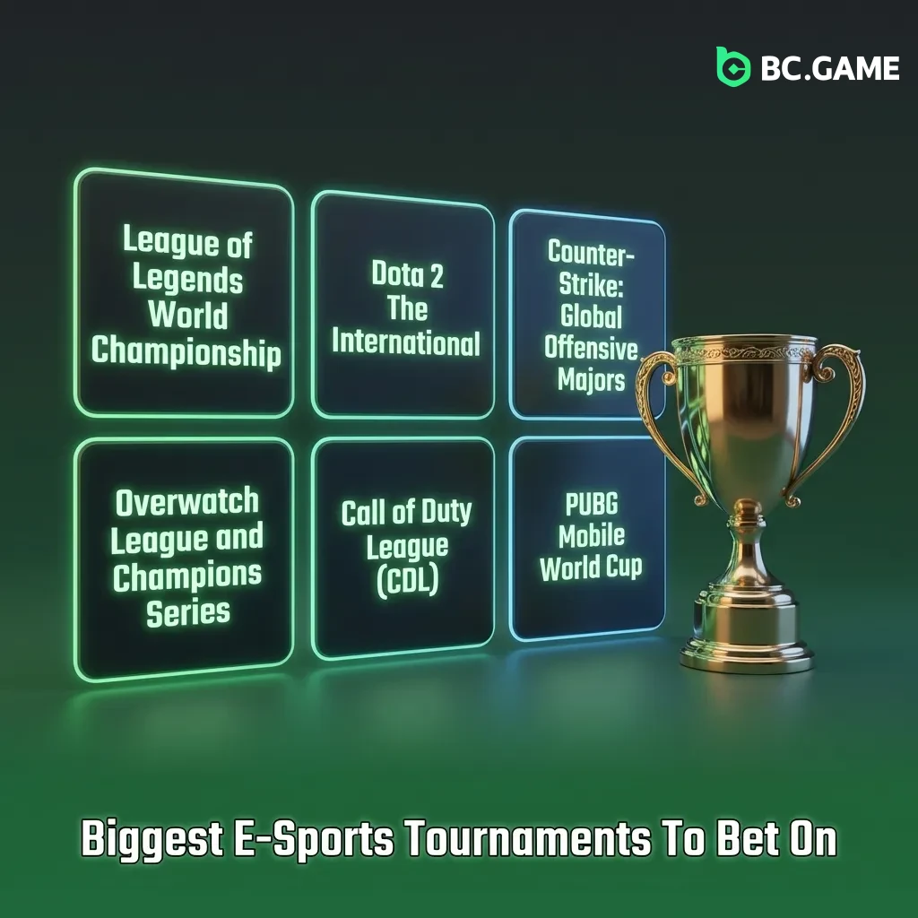Table showing major e-sports tournaments across popular games like Dota 2, CS2, League of Legends, and Valorant for betting.