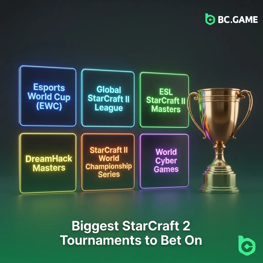 Top StarCraft 2 tournaments including GSL, ESL Pro Tour, IEM Katowice, and World Championship Series for competitive betting