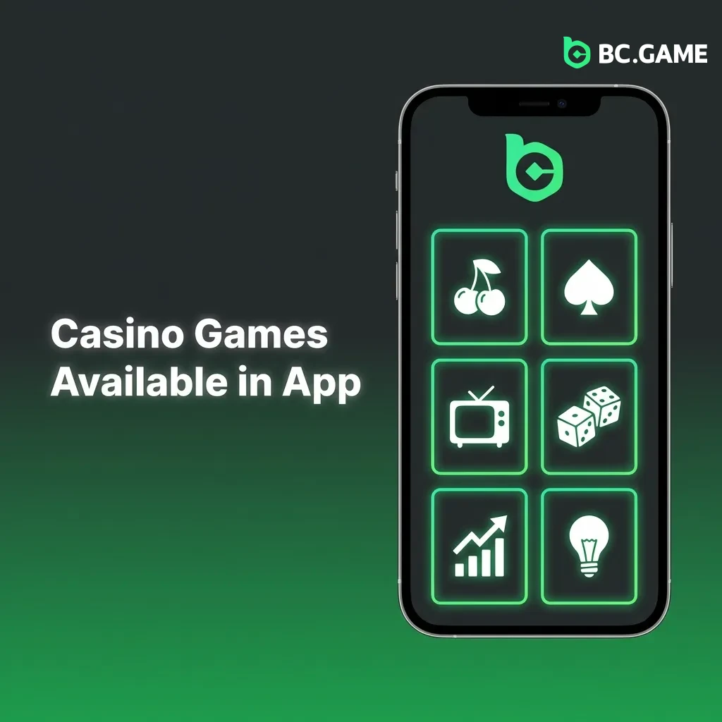 BC Game app displaying variety of casino games including slots, live casino, table games, and crash games