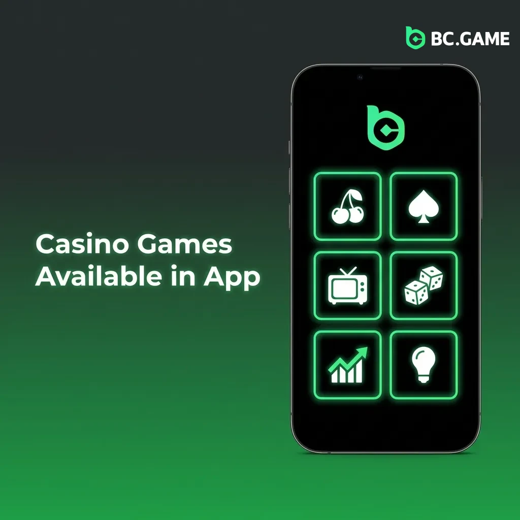 BC Game app interface showing casino game categories including slots, live casino, table games, and arcade options