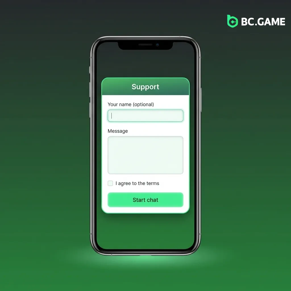 BC Game customer support options showing live chat, email, help center, and social media with availability times