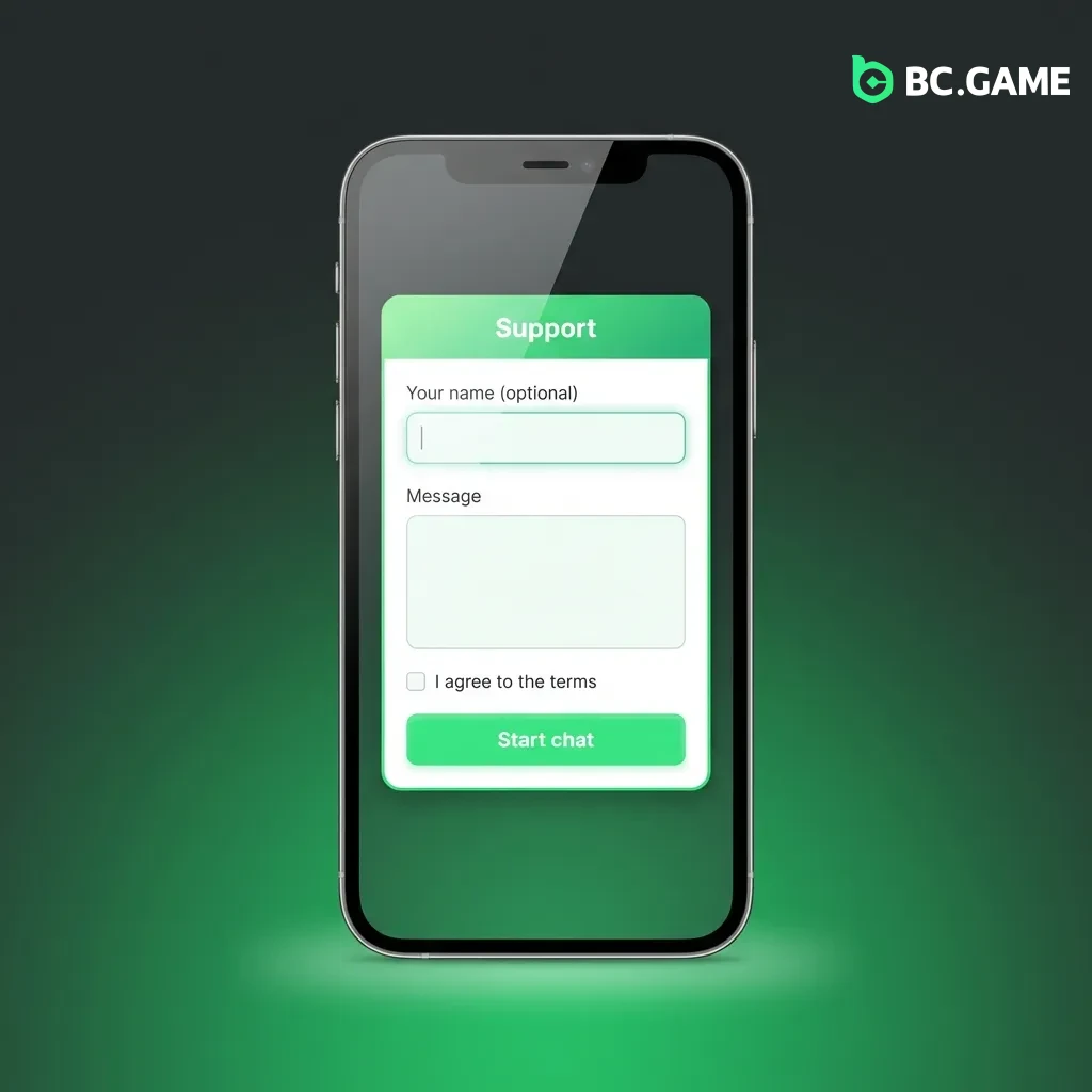 BC Game customer support channels showing 24/7 live chat, email, Telegram, and FAQ options with response times